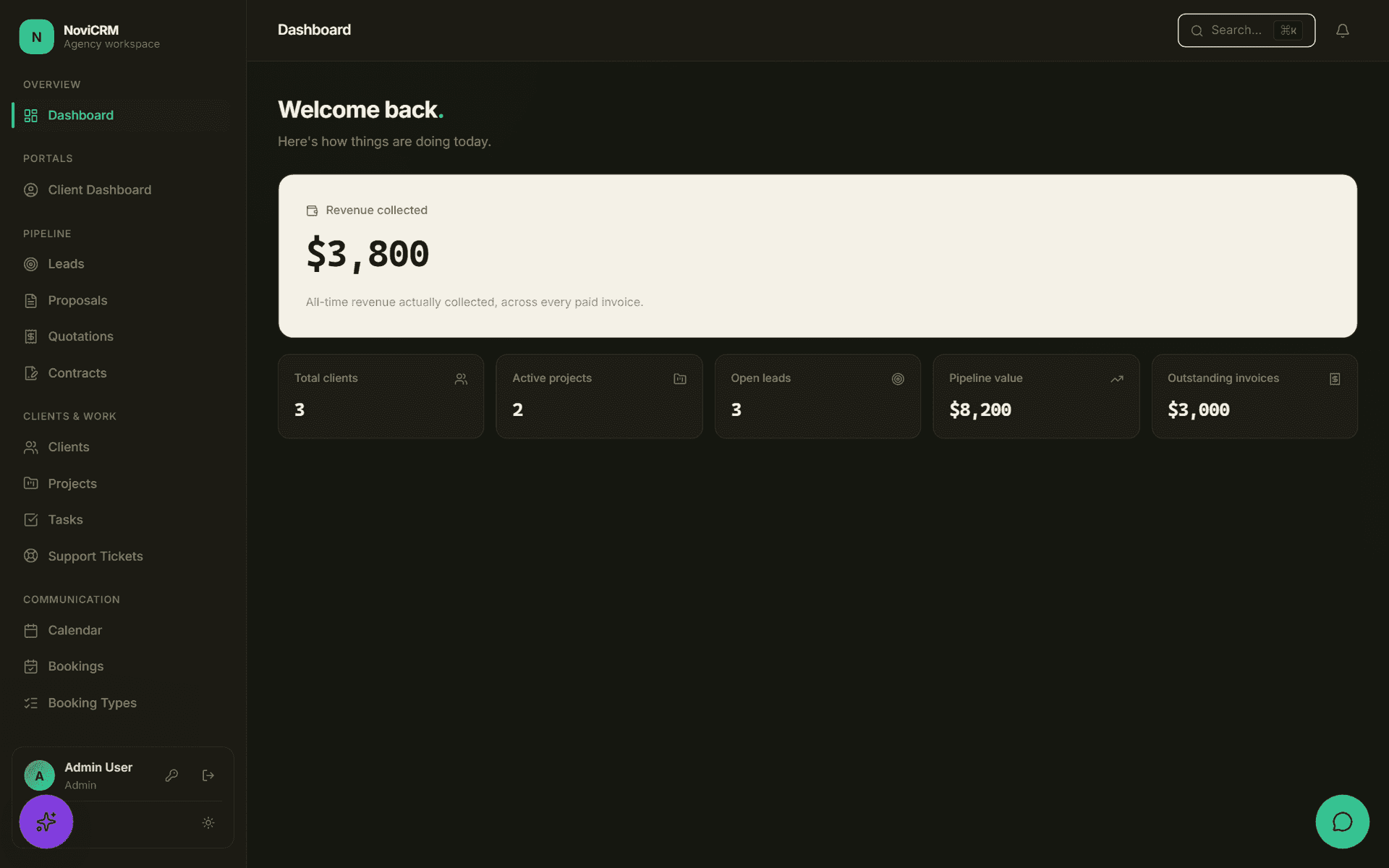 NoviCRM admin dashboard, dark mode
