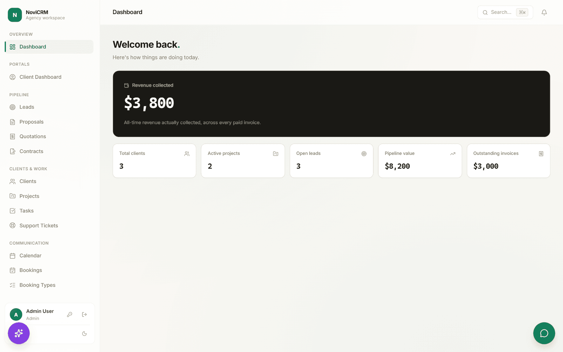 NoviCRM admin dashboard, light mode