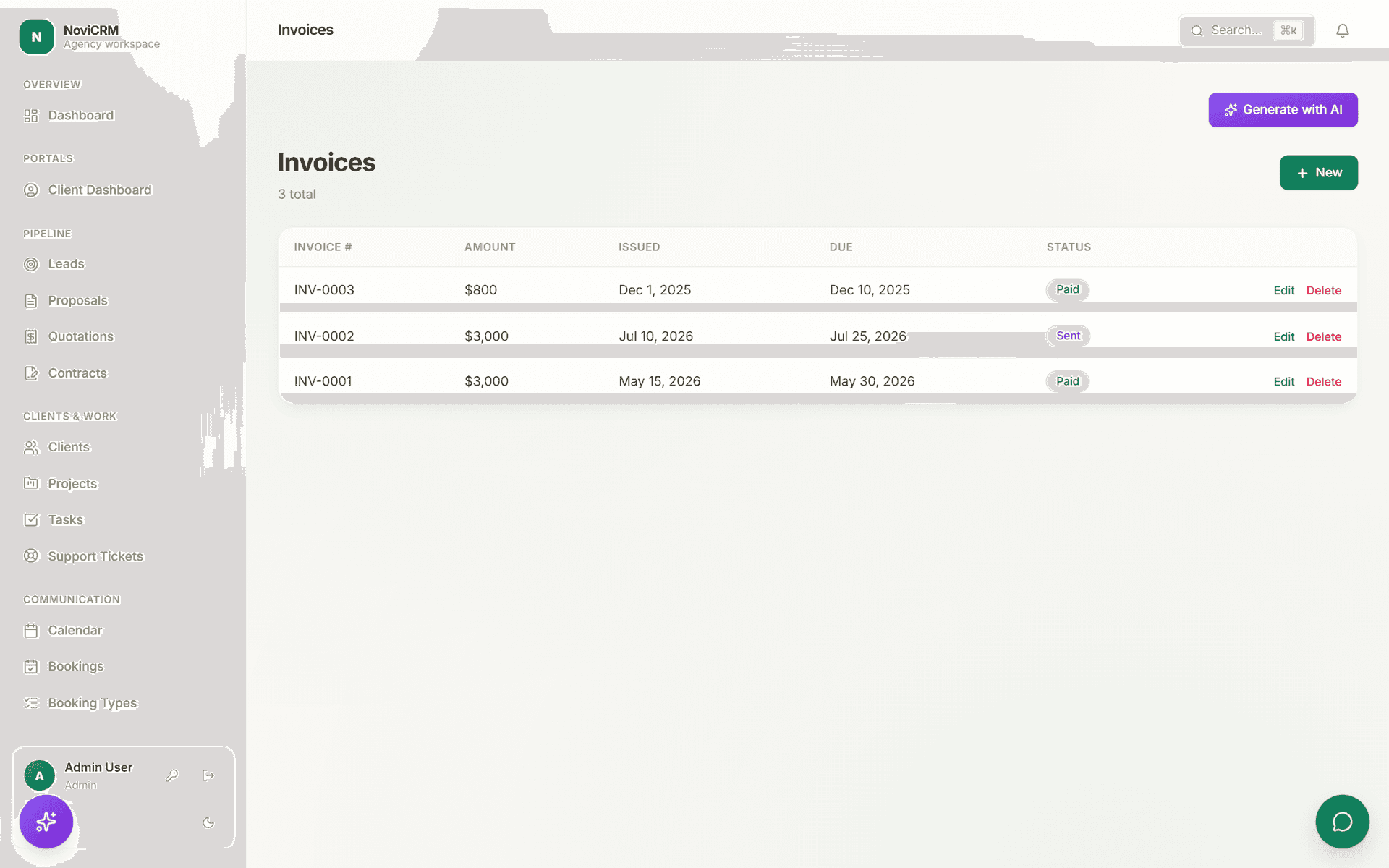 NoviCRM invoices list