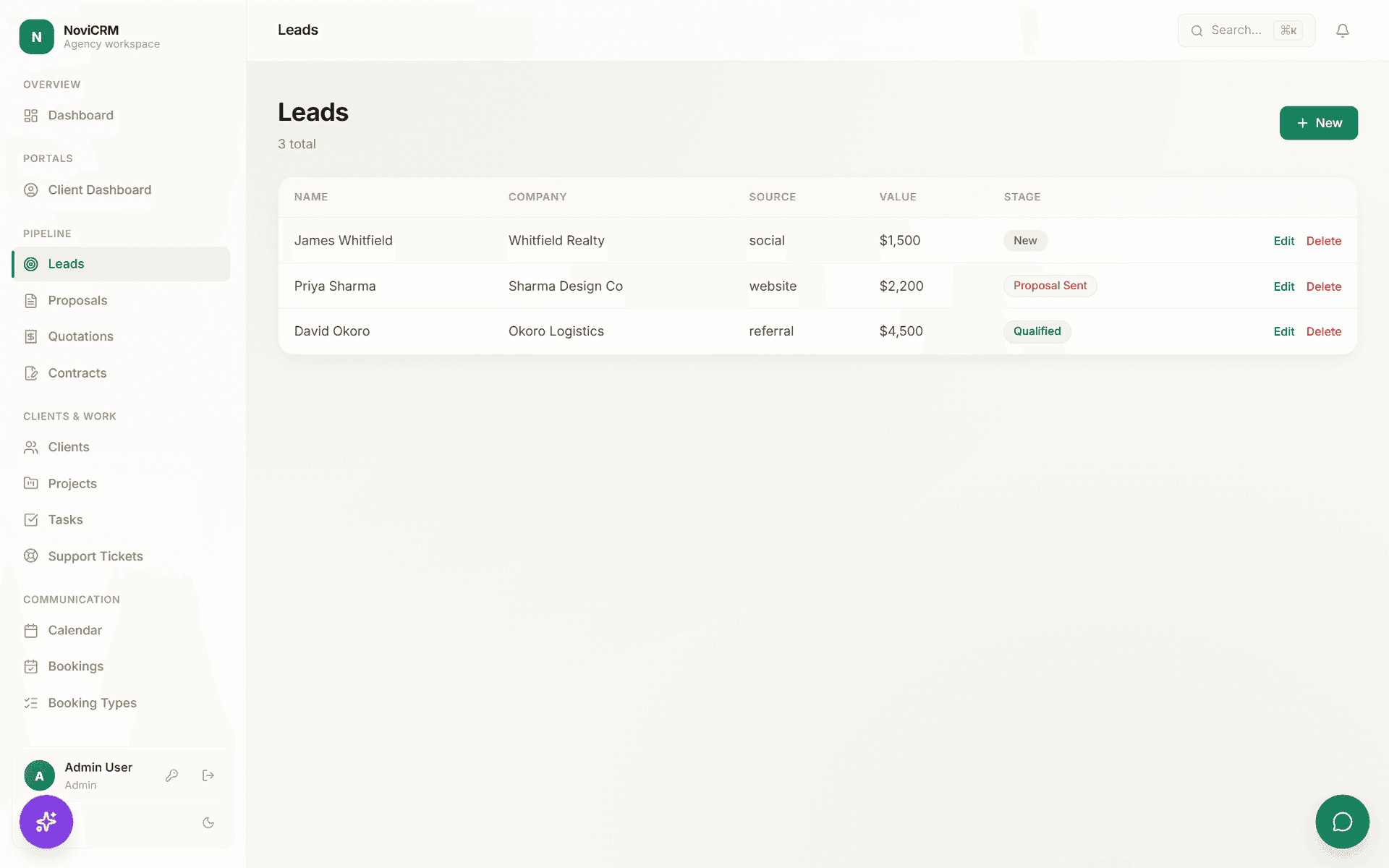 NoviCRM leads list showing three sample leads