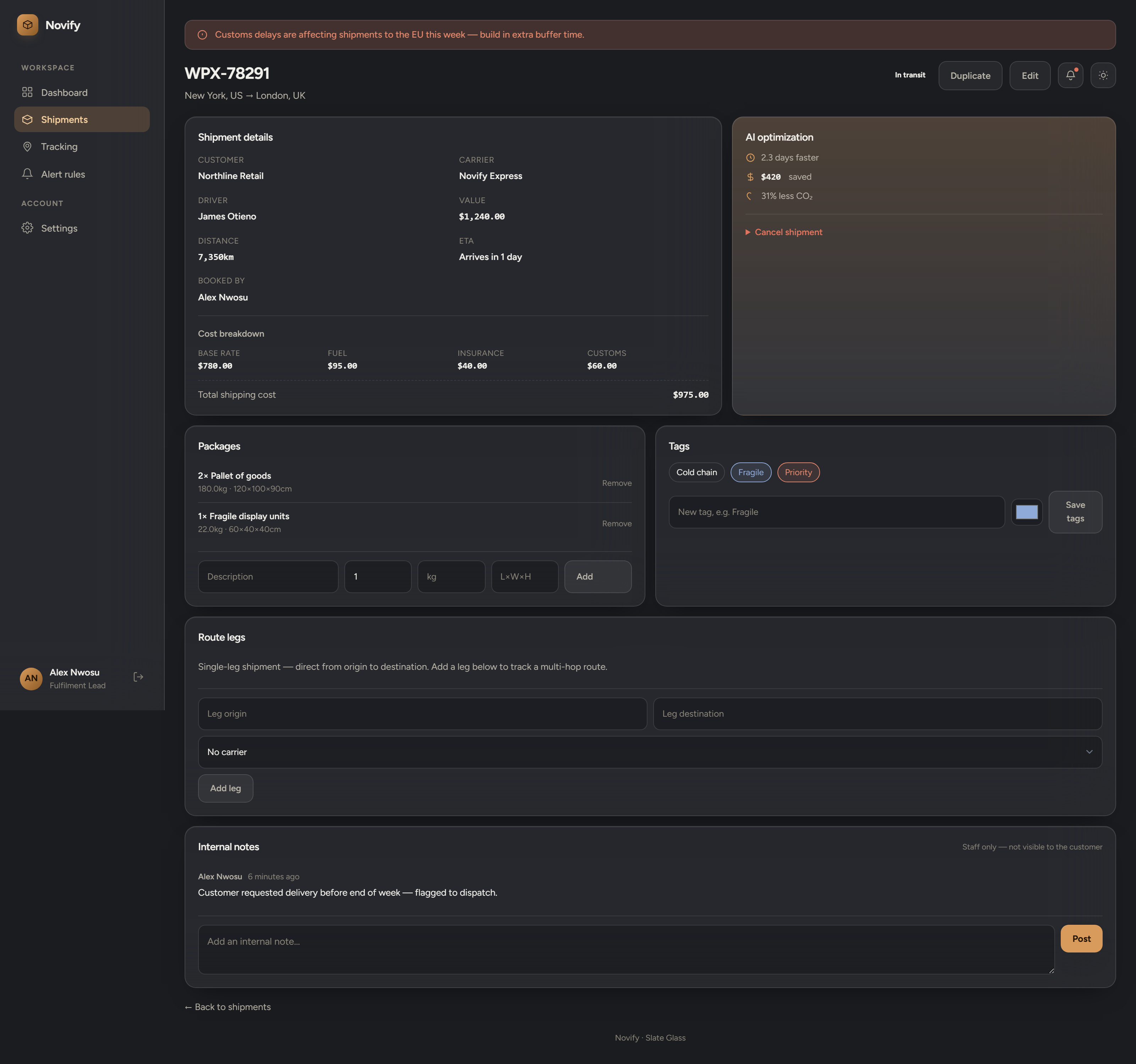 Novify shipment detail — cost breakdown, packages, tags, route legs